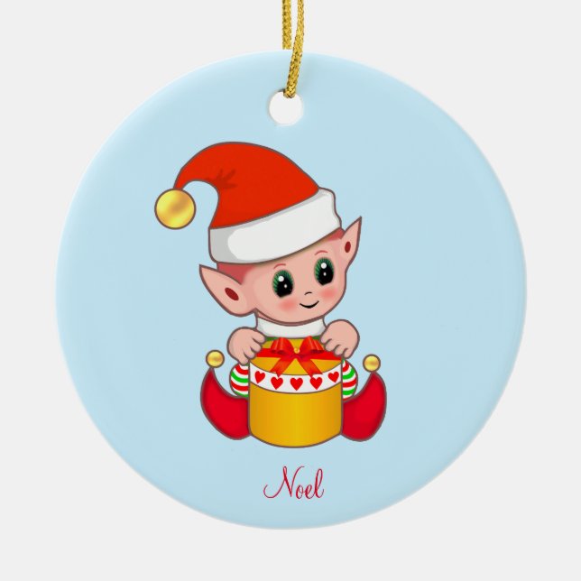 Söt jul-tomte på ljusblå julgransprydnad keramik (Framsidan)