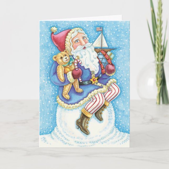 Söt jul, Tomte på snöboll med leksaker Helgkort (Framsida)