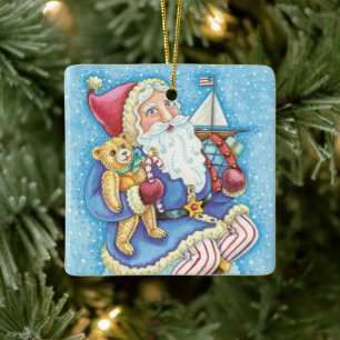 Söt jul, tomte på snöboll med leksaker julgransprydnad keramik