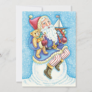 Söt jul, tomte på snöboll med leksaker julkort