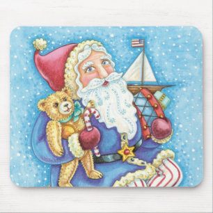 Söt jul, tomte på snöboll med leksaker musmatta