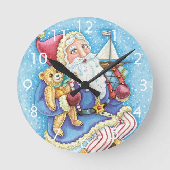 Söt jul, tomte på snöboll med leksaker rund klocka (Framsida)