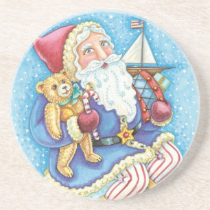 Söt jul, tomte på snöboll med leksaker underlägg sandsten