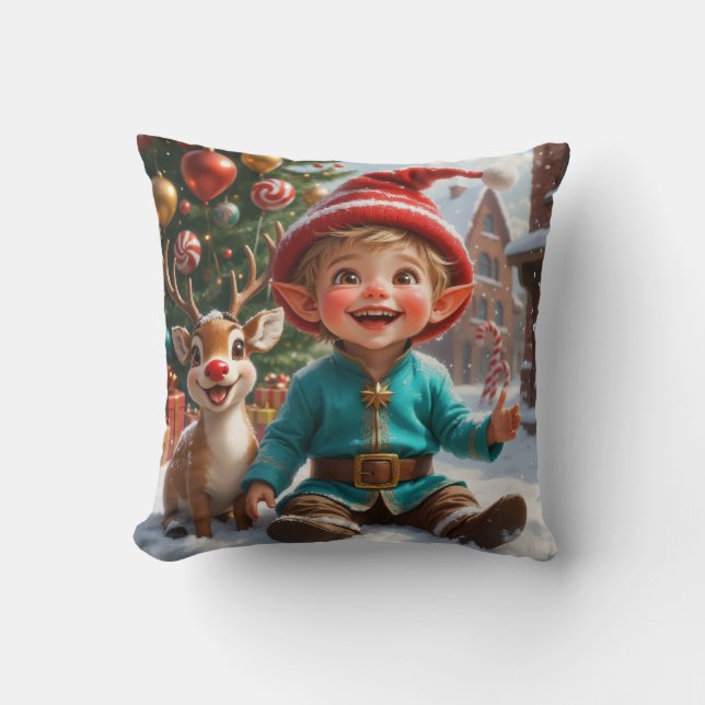 Söt jul-tomte & ren-kastkudde kudde (Framsida)