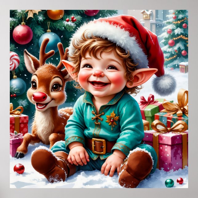 Söt jul-tomte & ren poster (Framsidan)