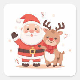 Söt jul-tomte & renar jul-sticker fyrkantigt klistermärke