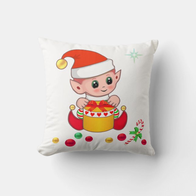 Söt jul-tomte, sockerrör och julkulor kudde (Framsida)