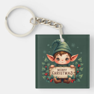 Söt jul-tomte som håller glad skylt grön