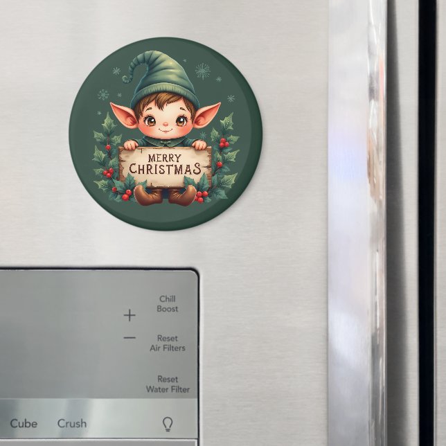 Söt jul-tomte som håller glad skylt grön magnet (In Situ (Fridge))