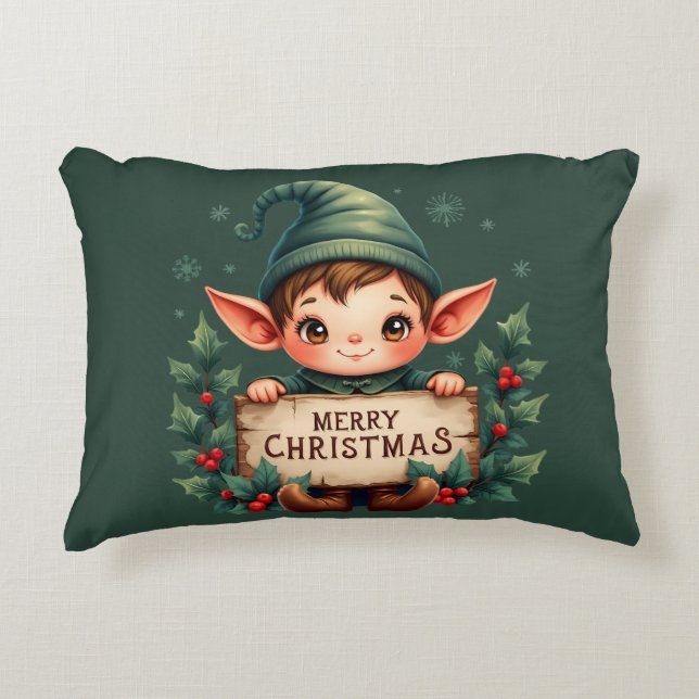 Söt jul-tomte som håller glad skylt grön prydnadskudde (Framsidan)