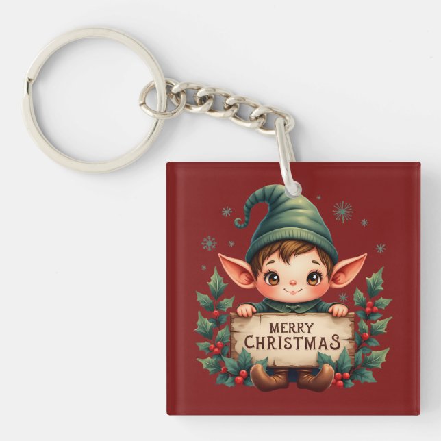 Söt jul-tomte som håller glad skylt röd (Framsidan)