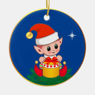 Söt julalva och stjärna på blå julgransprydnad keramik