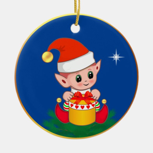 Söt julalva & stjärna på blå julgransprydnad keramik (Framsidan)