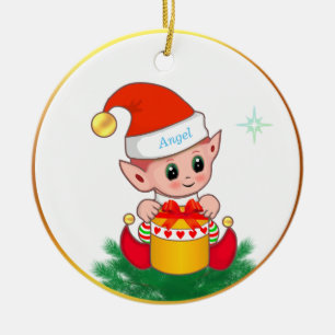 Söt julalva & stjärna på vit julgransprydnad keramik