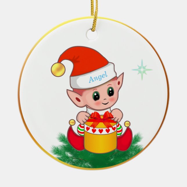 Söt julalva & stjärna på vit julgransprydnad keramik (Framsidan)