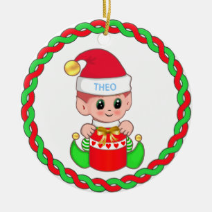 Söt julbabyälva & grön röd girlang julgransprydnad keramik