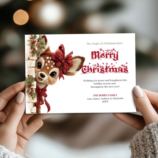 Söt julbabyrådjurs toppande skogskort julkort (Cute Christmas baby fawn peeking woodland card)