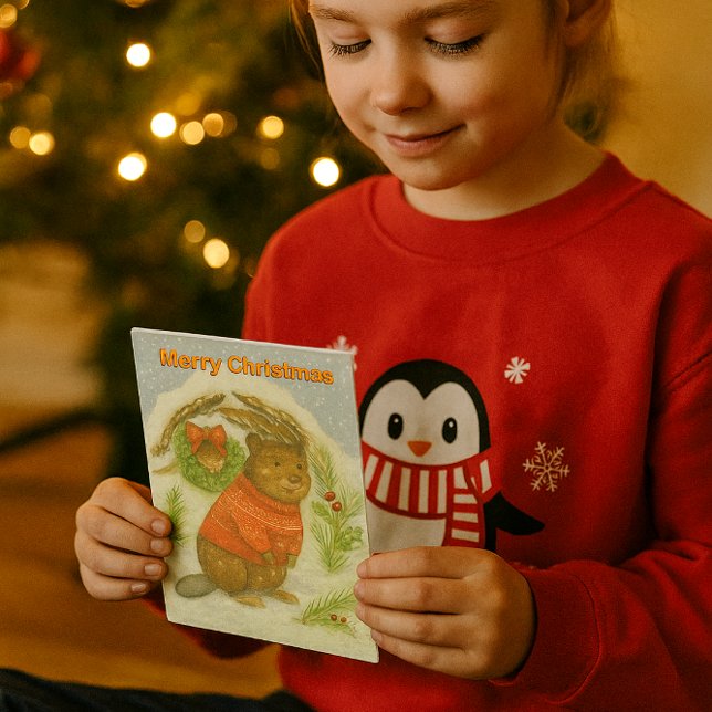 Söt julbäver för barn helgkort (Woodland Friends, Christmas beaver card for kids)