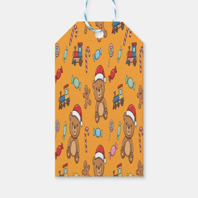 Söt julbjörn och leksakståg presentetikett (Framsidan)