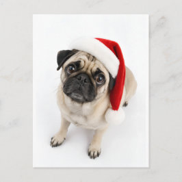 Söt julfawn mops jultomte hatt valp hunde ögon vykort