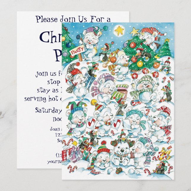 Söt julfestinladan med isbjörn och pingvin inbjudningar (Fram/baksida)