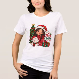 Söt julflicka och katt mysig högtid t shirt