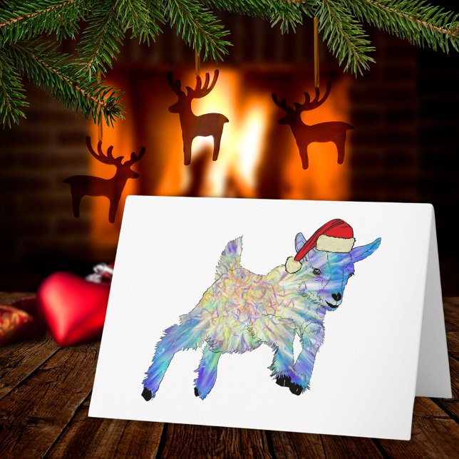 Söt julget Färgrik bondedjurskonst Kort (Cute christmas pigmy goat wearing a santa hat, colorful farm animal art holiday greetings card)