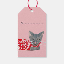 Söt julgrå katt rosa högtid presentetikett