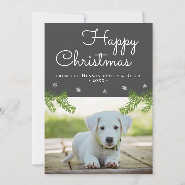 Söt julgran gren snöflinga hund foto kort (Framsida)