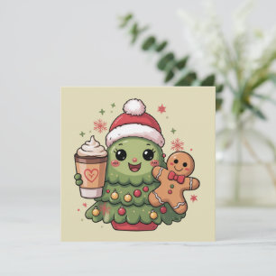 Söt julgran kaffelatte pepparkakor jul julkort
