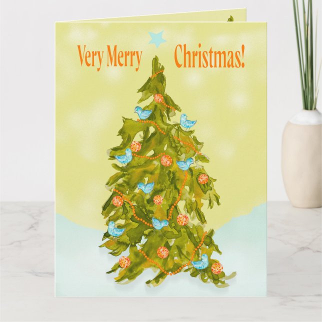 Söt julgran med blå fåglar kort (Framsida)