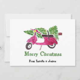 Söt julgran och röd scooter julkort