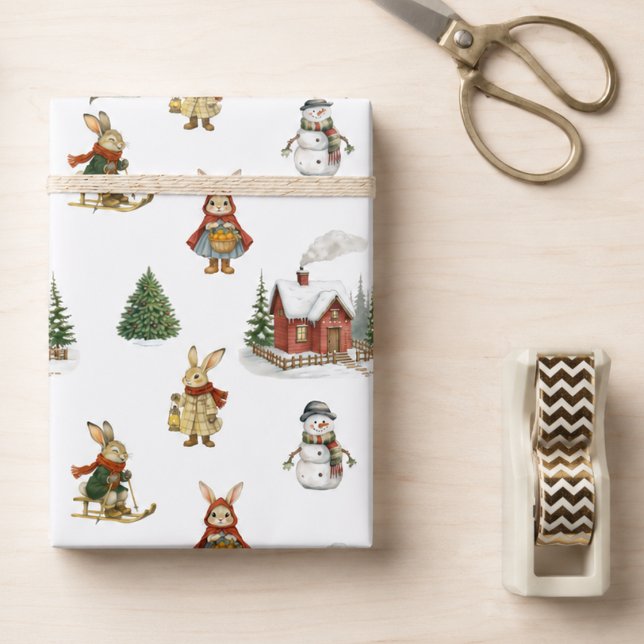 Söt julgranskanin Högtid  Presentpapper (cute whimsical elegant vintage Christmas winter bunnies snowmen wrapping paper )
