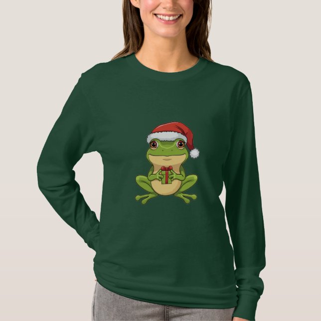 Söt julgroda med jultomtelucka som håller present  t shirt (Framsida)