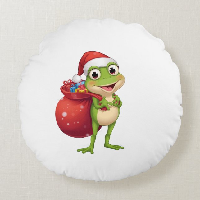 Söt julgroda med presentpåse - Tomtegroda Hol Rund Kudde (Framsidan)