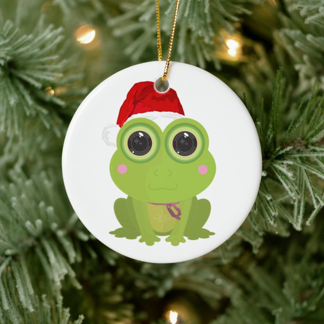 Söt julgroda med tomteluva festlig julgransprydnad keramik (Träd)