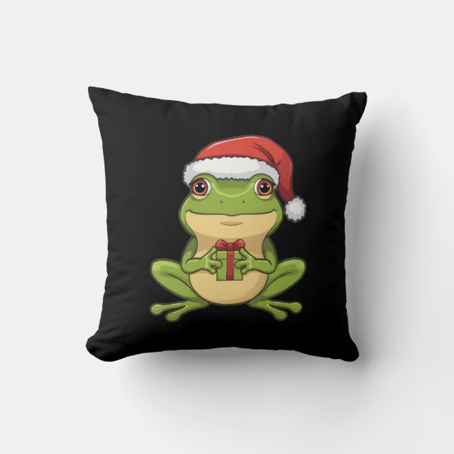 Söt julgroda med tomteluva som håller present - kudde (Framsida)