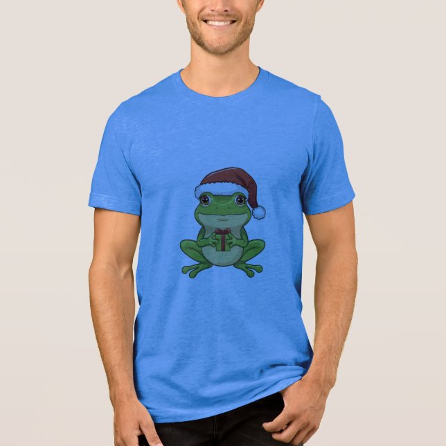 Söt julgroda med tomteluva som håller present - t shirt (Framsida)