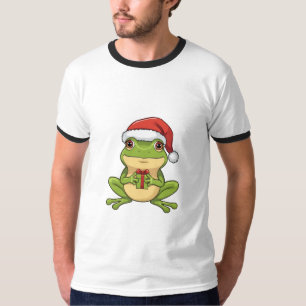 Söt julgroda med tomteluva som håller present - t shirt