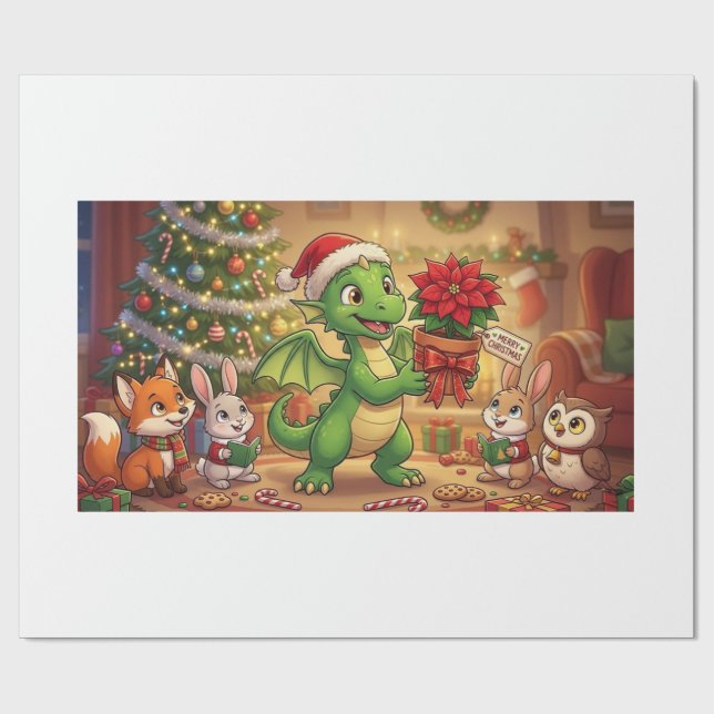 Söt julgrön drak-sagobok Holiday Wrap Presentpapper (Platt)