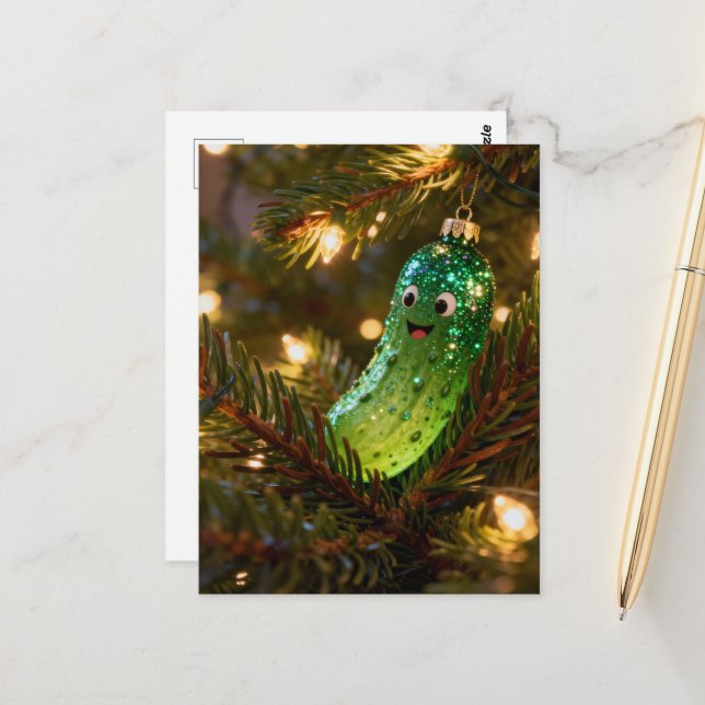Söt julgurka i ett träd vykort (Fram/Back In Situ)