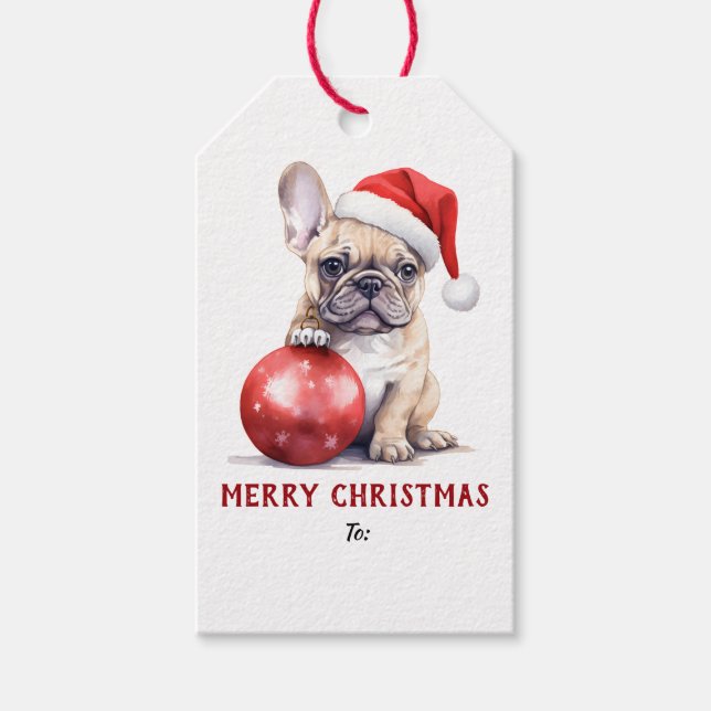 Söt julhatt fransk bulldog jul presentetikett (Framsidan)