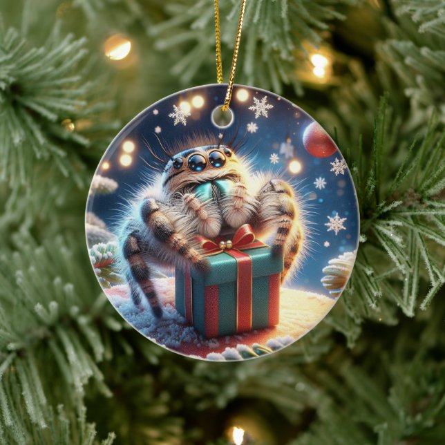 Söt julhoppande spindel som håller en present julgransprydnad keramik (Träd)