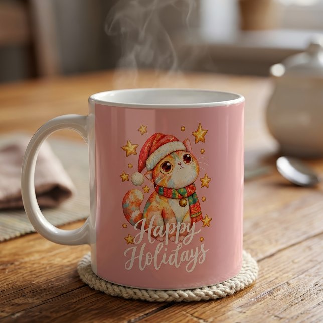 Söt julkatillustration med festlig charm kaffemugg (Cute Christmas Cat Illustration with Festive Charm. Coffee Mug)