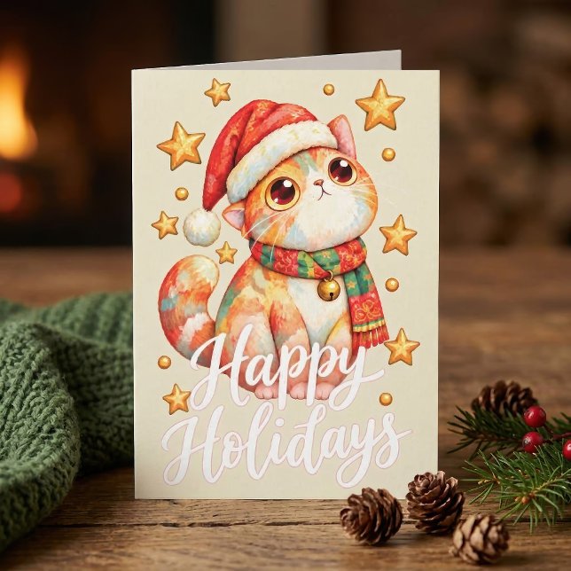Söt julkatillustration med festlig charm tack kort (Cute Christmas Cat Illustration with Festive Charm. Thank You Card)