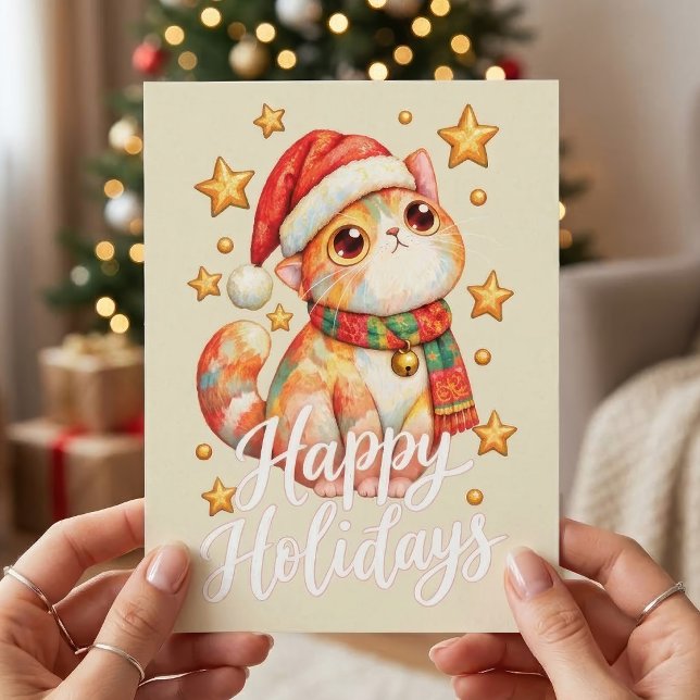 Söt julkatillustration med festlig charm vykort (Cute Christmas Cat Illustration with Festive Charm. Postcard)
