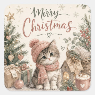Söt julkatt fyrkantig dekal fantasifull katt fyrkantigt klistermärke