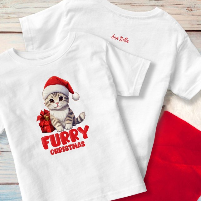 Söt julkatt med namn t shirt (Cute Furry Christmas front - custom name on back)