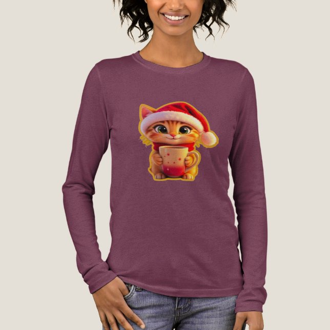 **Söt julkatt med tomtehatt – Rolig högtid T Shirt (Framsida)