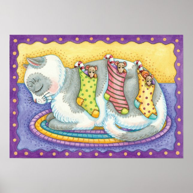 Söt julkattsom sover med möss i julstrumpor poster (Framsidan)